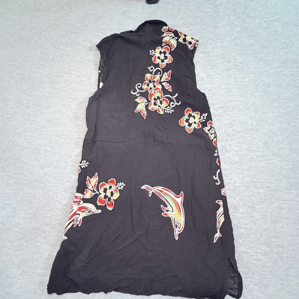 VTG Cabali‎ Cancun L Mini Dress Black Floral Hawaiian Swim Cover Up Boho Beachy - Picture 2 of 6